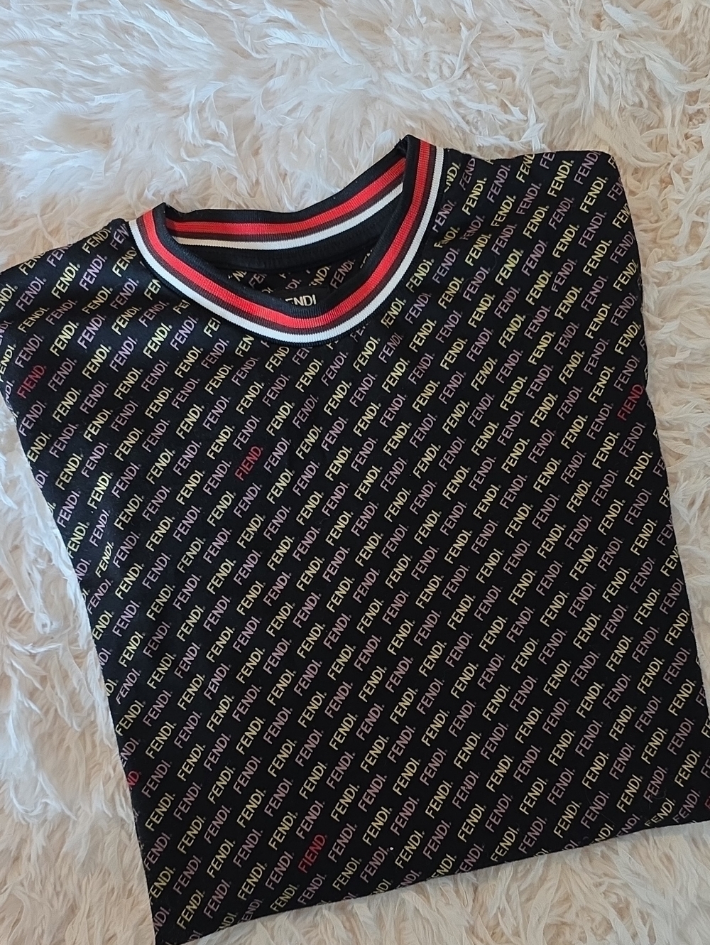 Fendi Men Black Logo Tee with Red and White Trim